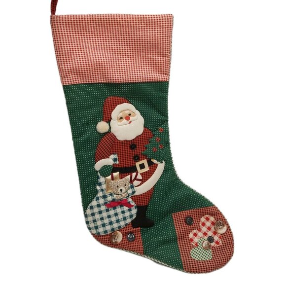 Christmas Stocking 3d Sants Claus Teddy Bear Red Green Patchwork - Picture 1 of 7